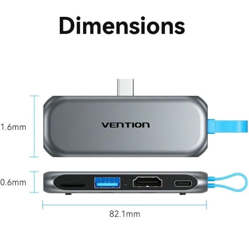 USB Type-c Vention THYH0 / 1xusb / 1xhdmi / 1xusb Type-c PD / 1xleitor de Cartões / Cinzento