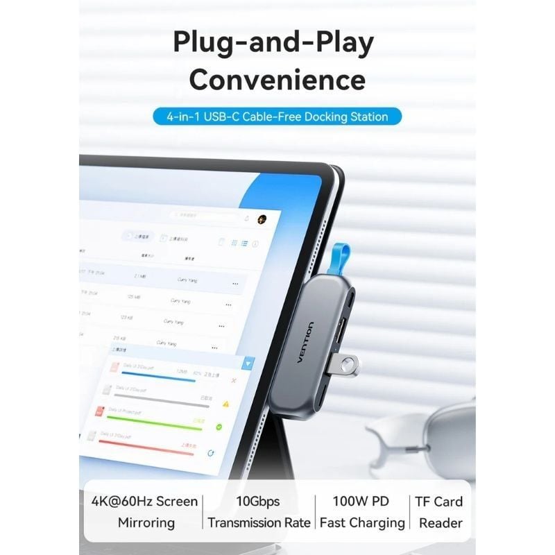 USB Type-c Vention THYH0 / 1xusb / 1xhdmi / 1xusb Type-c PD / 1xleitor de Cartões / Cinzento