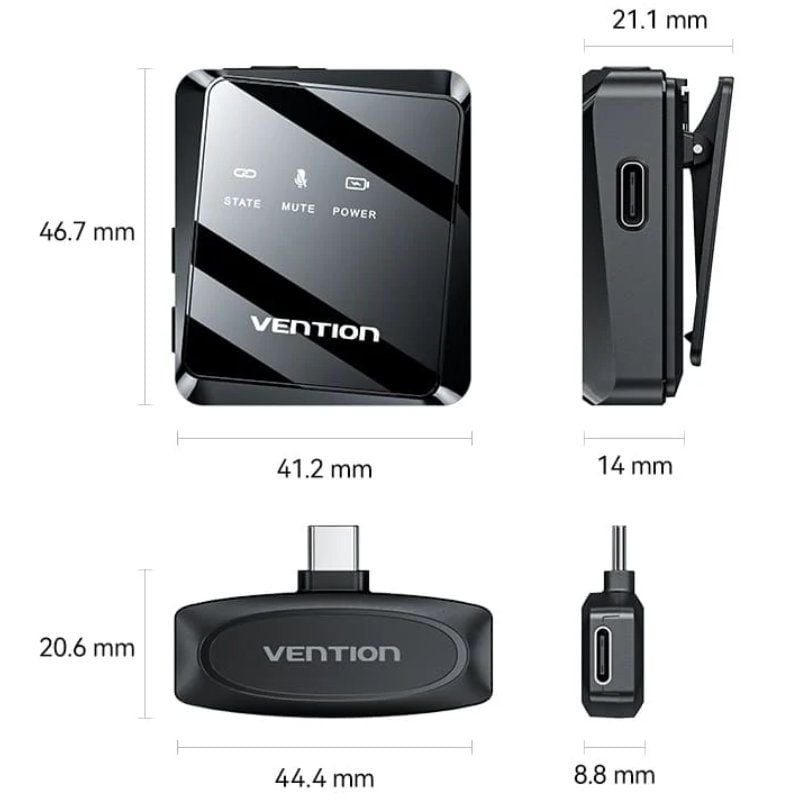 Microfone sem Fios com Clip Vention NCBB0 / USB Type-c / Inclui Recetor / 2 Pcs.