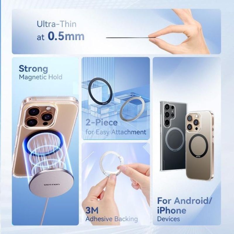 Pack 2 Autocolantes Universais para Anéis Magnéticos de Metal Vention KQOB0 / Compatível com Smartp…