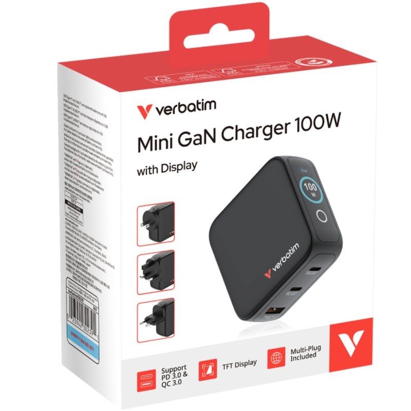 Carregador de Parede Universal Gan de Viagem Verbatim Mini Carregador Gan com Ecrã / 2xusb Type-c /…
