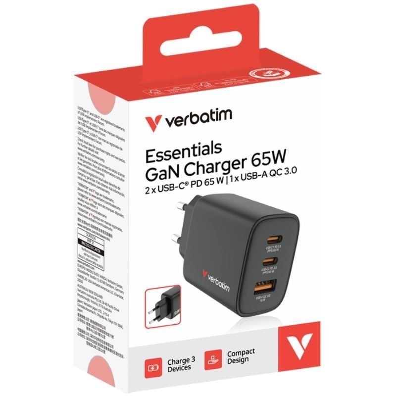 Carregador de Parede Gan Verbatim Essentials / 2xusb Type-c / 1xusb / 65W