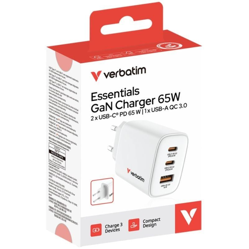 Carregador de Parede Gan Verbatim Essentials / 2xusb Type-c / 1xusb / 65W