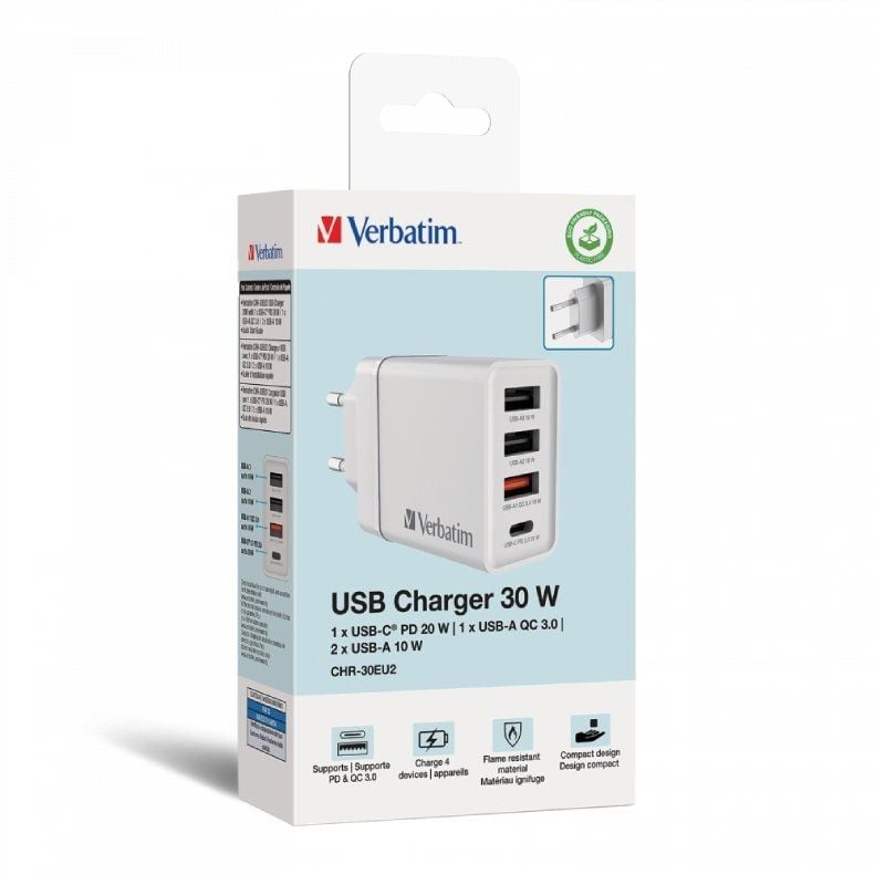 Carregador de Parede Gan Verbatim Chr-30eu2 / 1xusb Type-c / 3xusb / 30W
