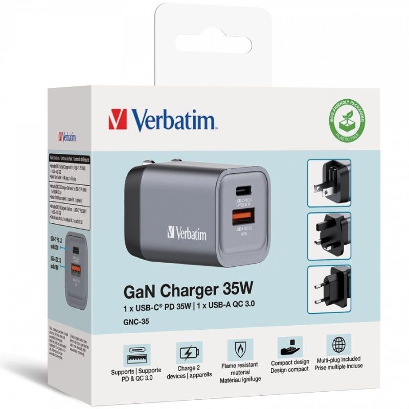 Carregador de Parede Universal de Viagem Verbatim Gnc-35 Gan / 1xusb Type-c / 1xusb / 35W