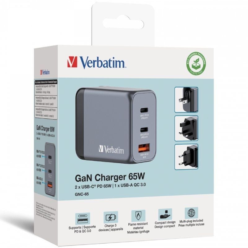 Carregador de Parede Universal de Viagem Verbatim Gnc-65 Gan / 2xusb Tipo C / 1xusb / 65W