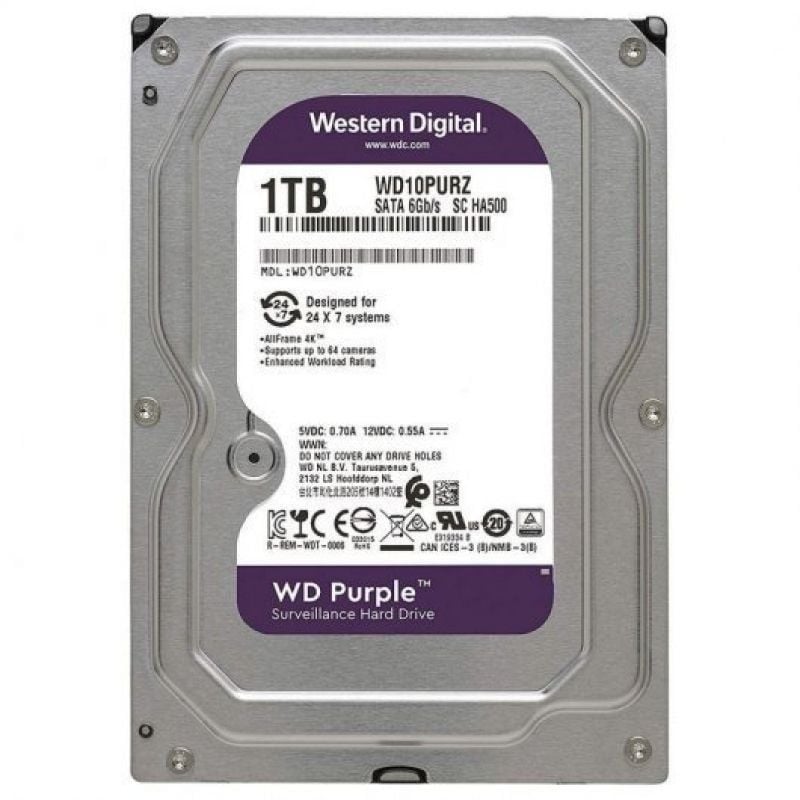 Disco Rígido Western Digital WD Purple Surveillance 1TB / 3,5" / SATA III / 64MB