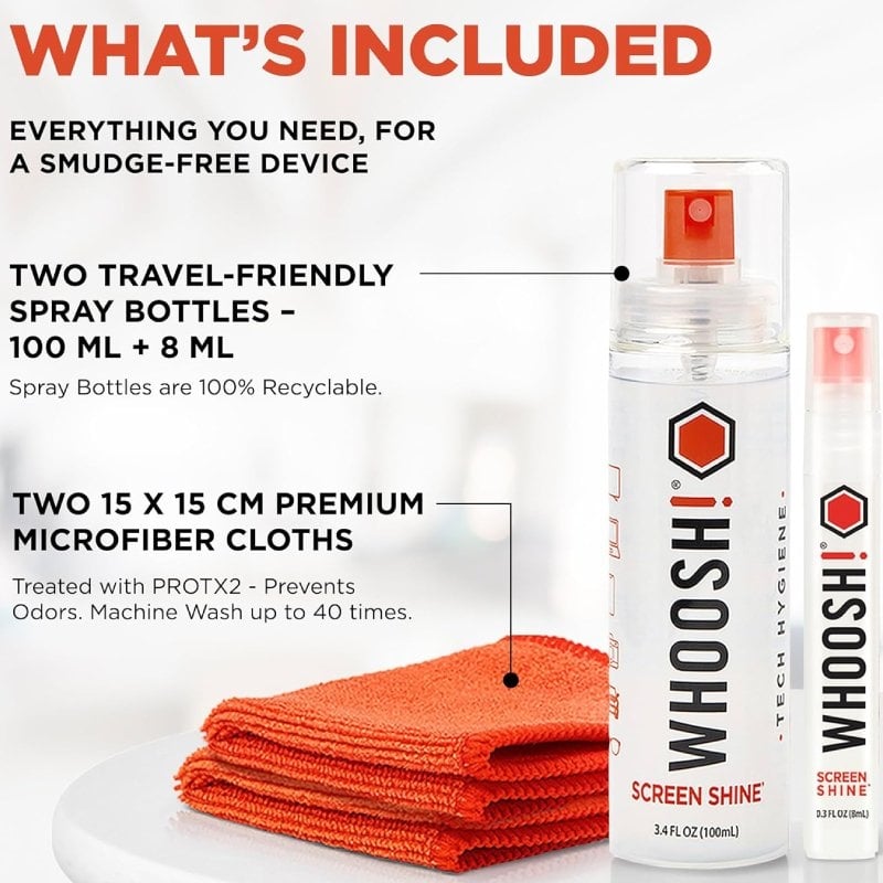 Kit de Limpeza de Ecrãs Whoosh Kit DUO WSH004 / Spray de 100 Ml + Spray de 8 Ml + 2 Panos de Microf…