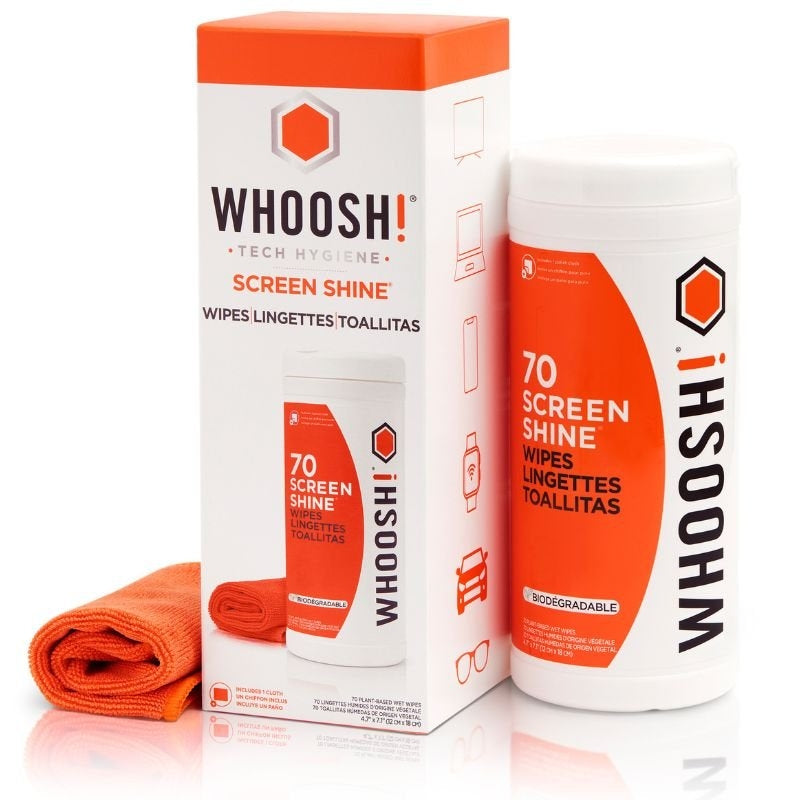 Kit de Toalhetes Whoosh WSH006 para Limpeza de Ecrãs / Embalagem de 70 Unidades + Pano de Microfibra