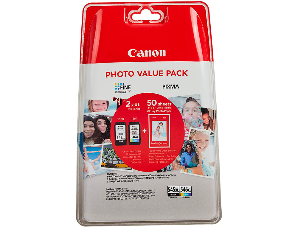 2 Tinteiros Originais, Canon PG-545 XL / CL-546 XL Preto 15ml + Cor 13ml + 50 Folhas 10x15cm