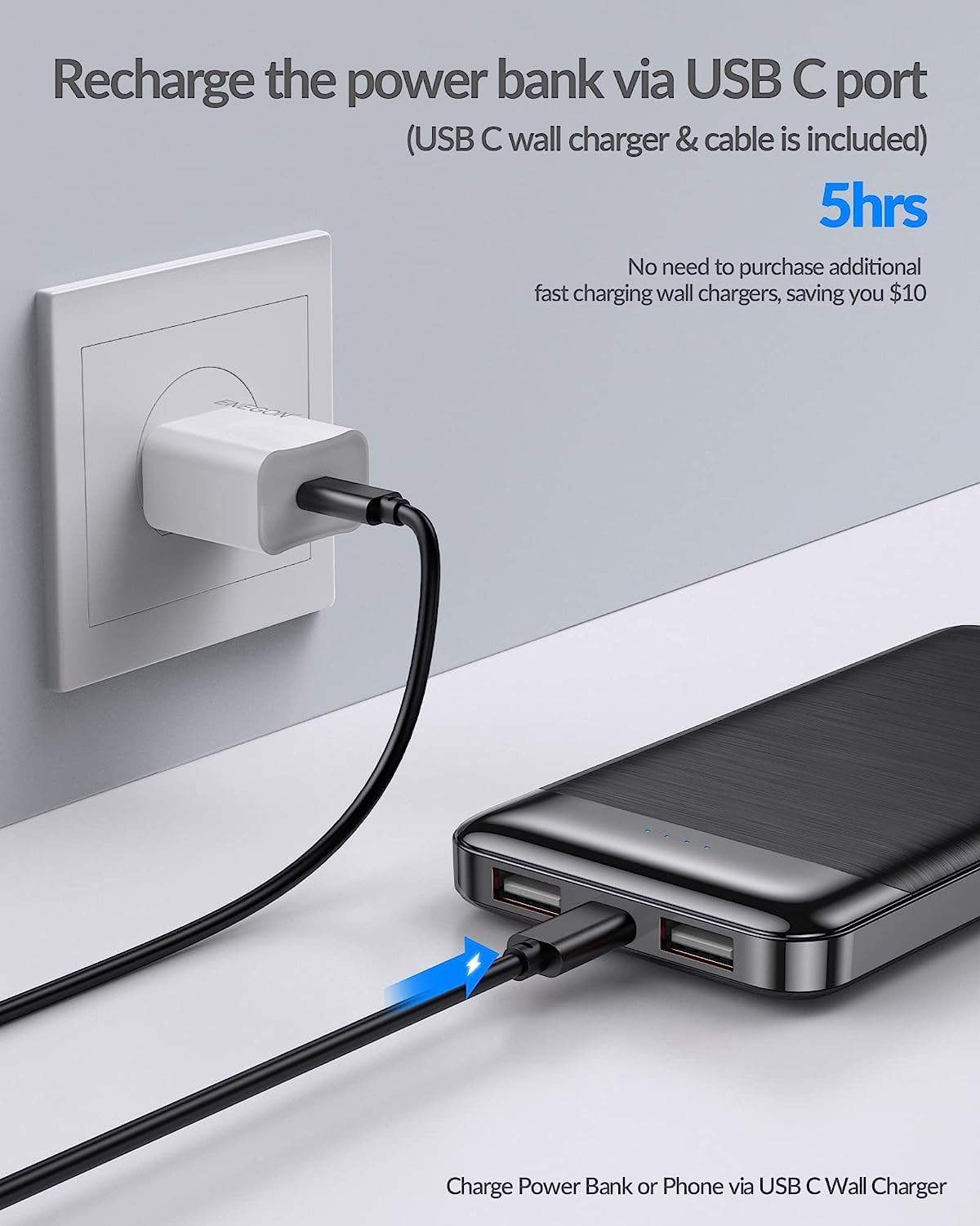 Kit chargeur portable ENEGON : Power Bank 10 000 mAh 5 V/3 A (15 W) avec chargeur 15 W et câble USB-C