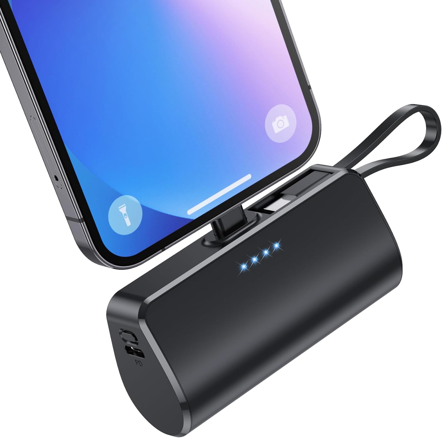 Mini Powerbank 5200 mAh PD 3.0A com cabo USB C compatível com iPhone e Android