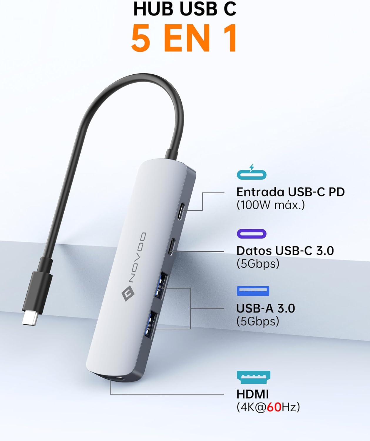 Adaptador NOVOO 5 em 1 HUB