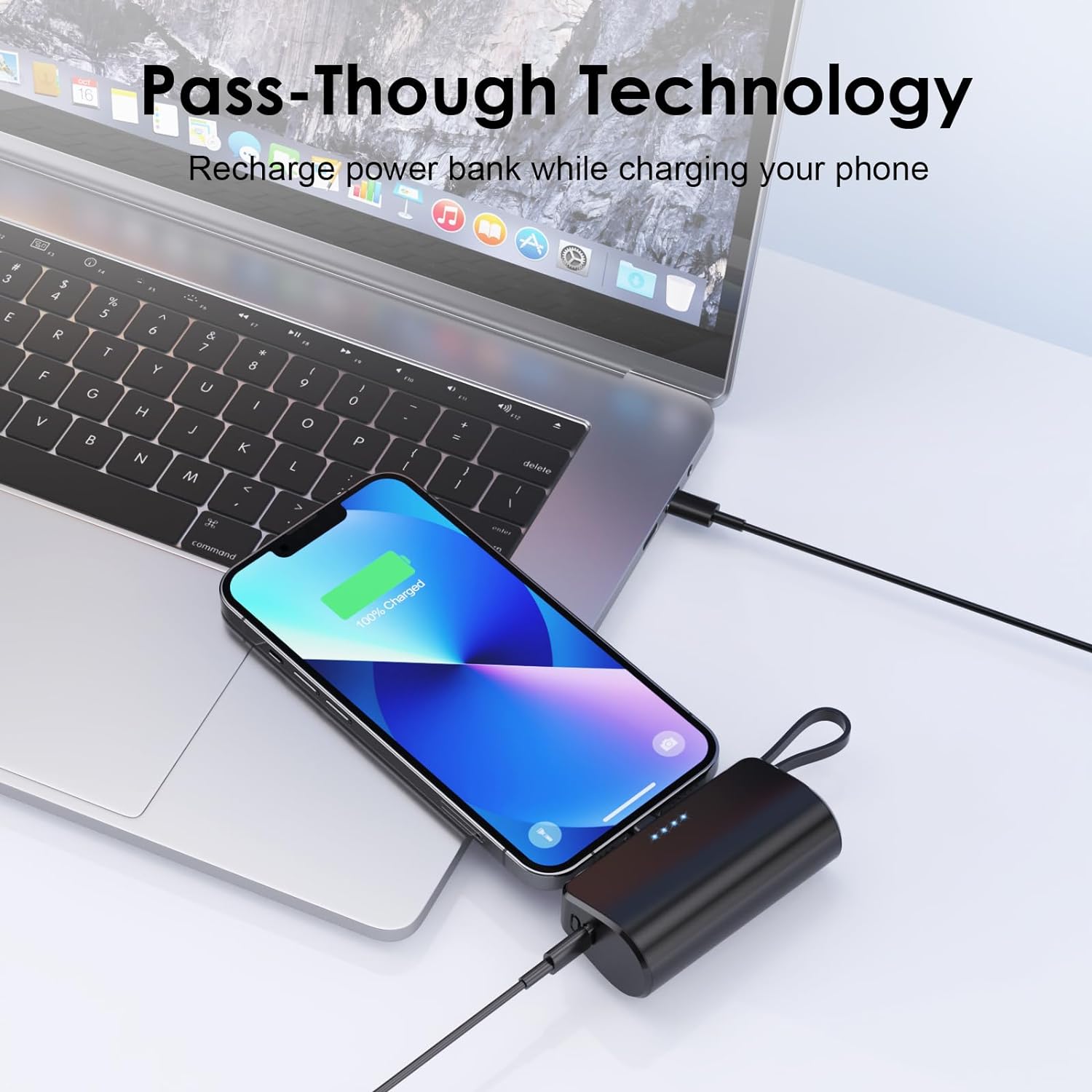 Mini Powerbank 5200 mAh PD 3.0A avec câble USB C compatible avec iPhone et Android