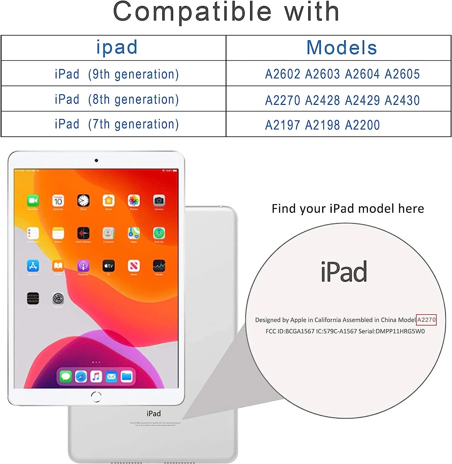 Housse pour iPad 9e/8e/7e génération (2021/2020/2019) 10,2 pouces compatible avec Apple Pencil Noir 