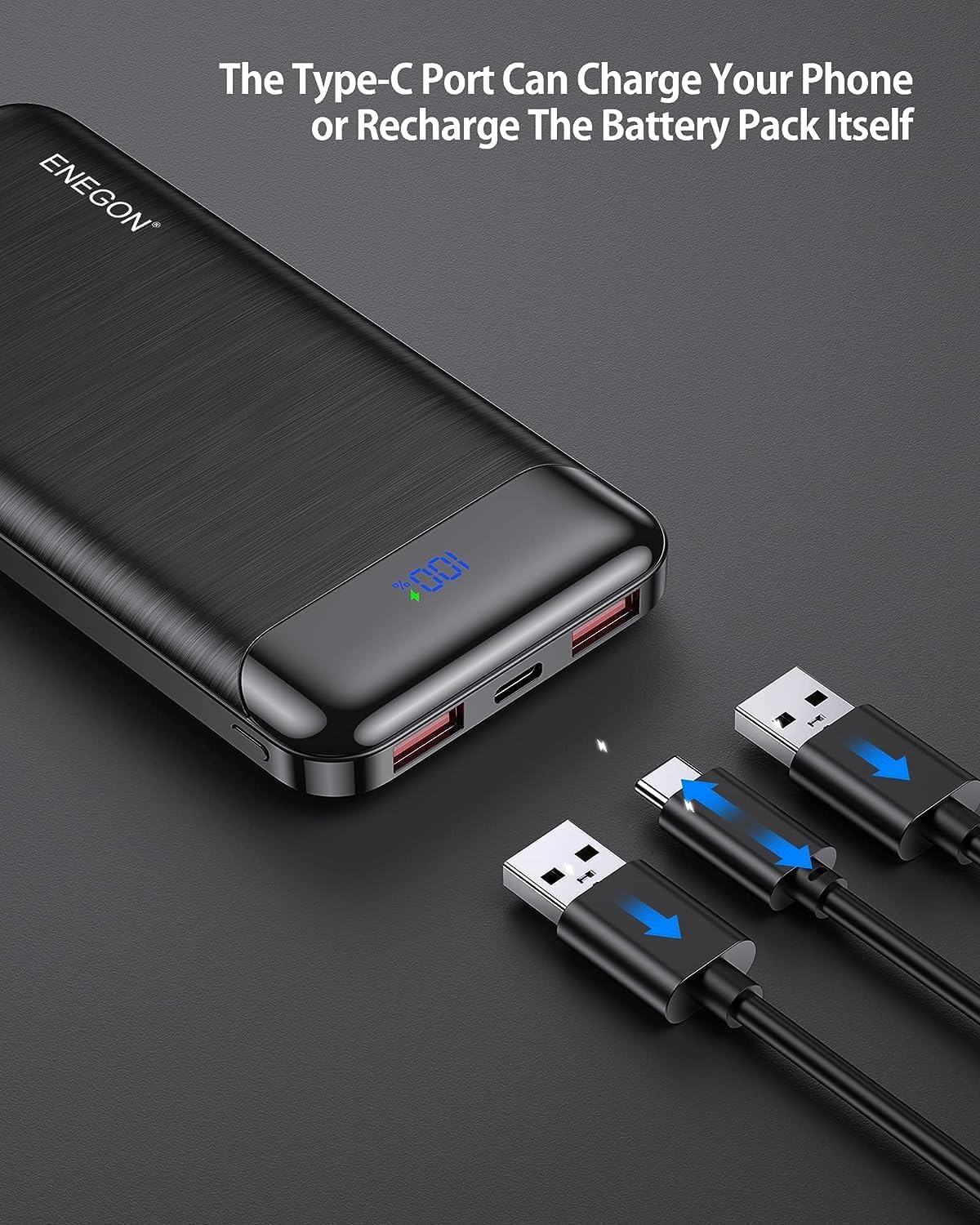 ENEGON Portable Charger Kit: 10000 mAh 5 V/3 A (15 W) Power Bank with 15 W charger and USB-C cable