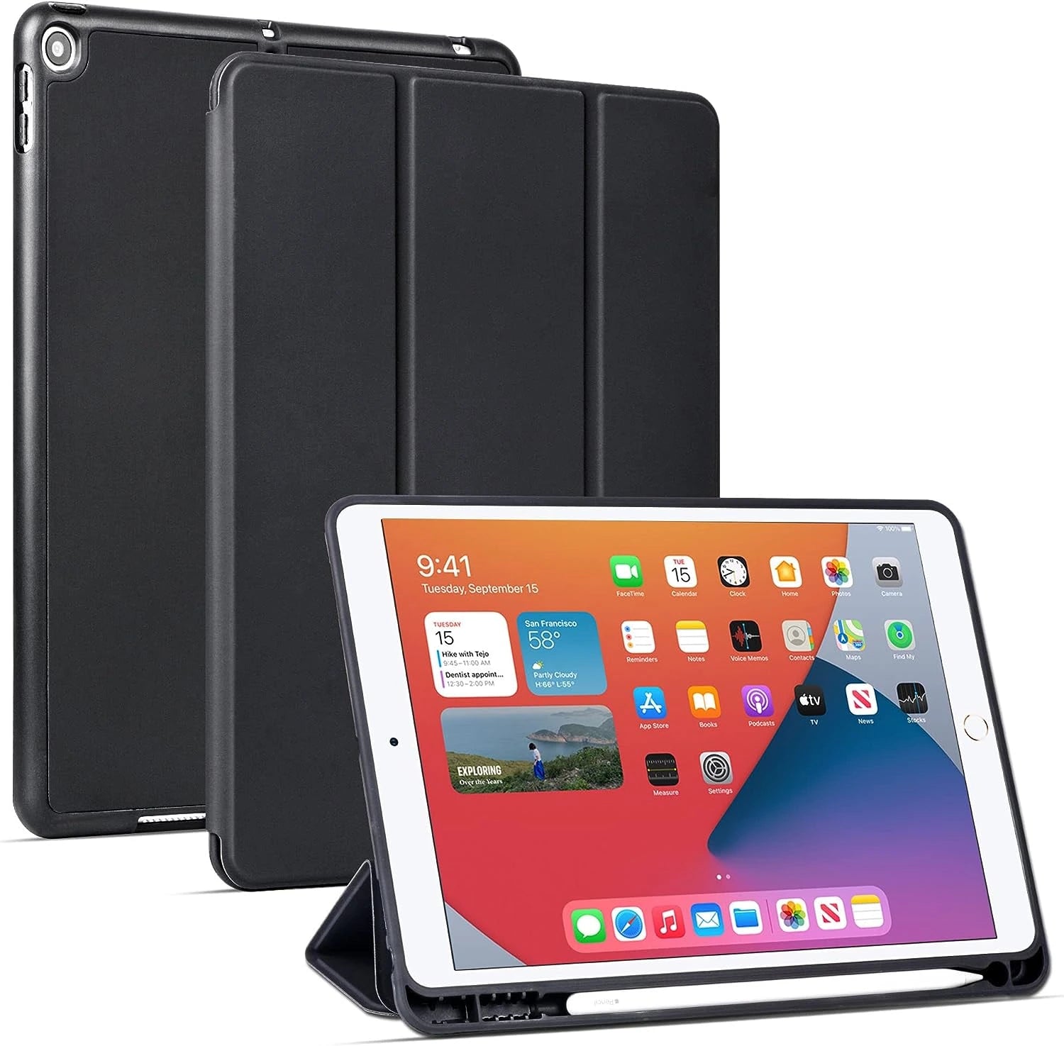 Housse pour iPad 9e/8e/7e génération (2021/2020/2019) 10,2 pouces compatible avec Apple Pencil Noir 