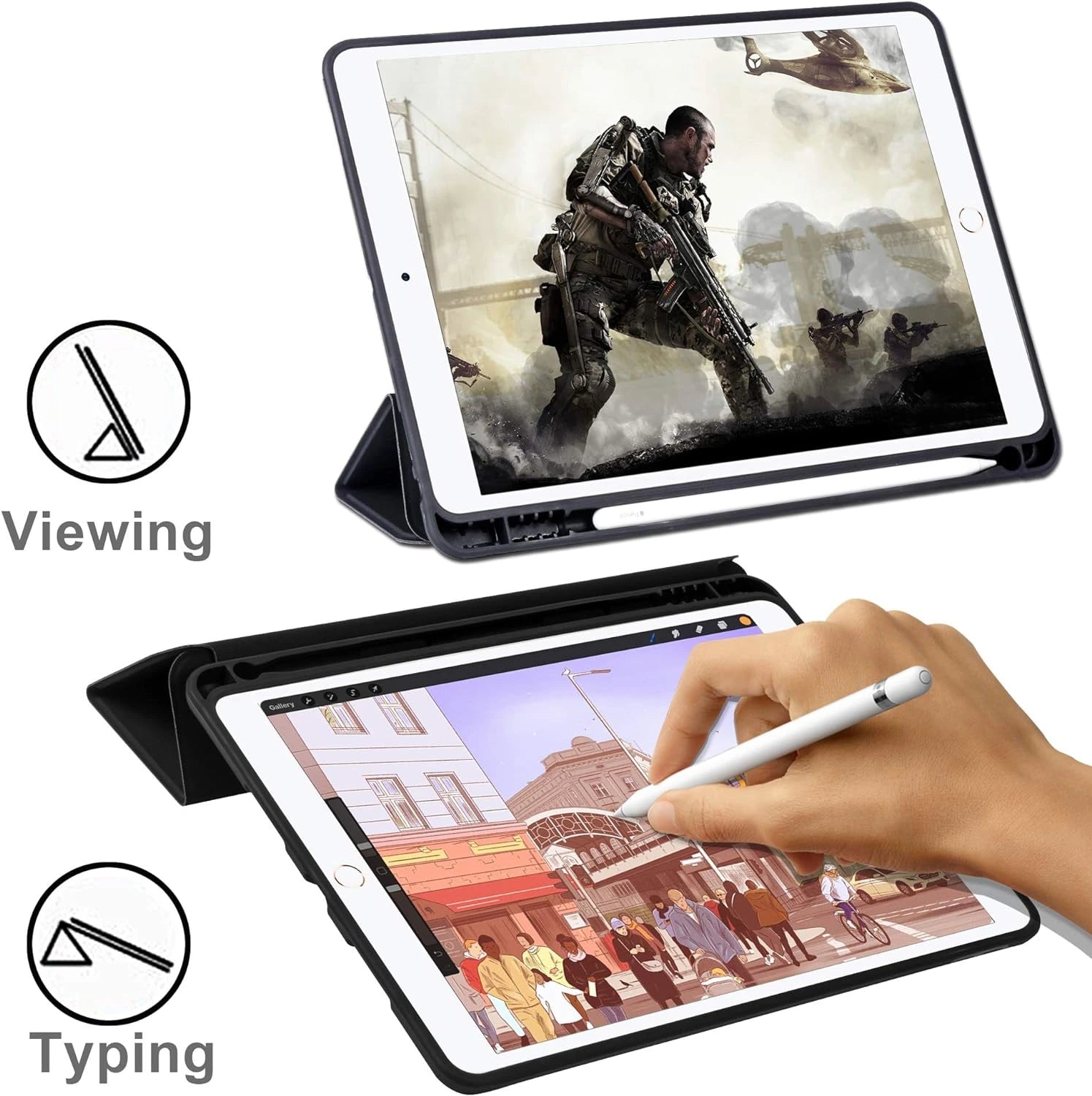 Housse pour iPad 9e/8e/7e génération (2021/2020/2019) 10,2 pouces compatible avec Apple Pencil Noir 