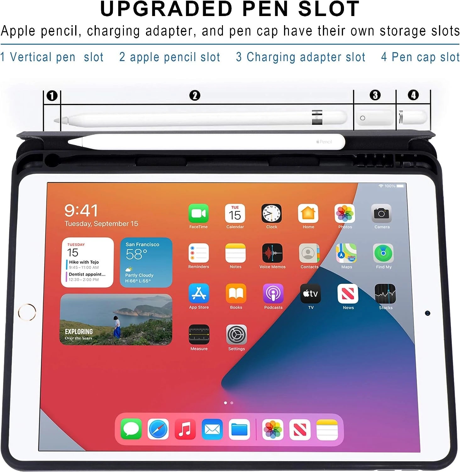 Housse pour iPad 9e/8e/7e génération (2021/2020/2019) 10,2 pouces compatible avec Apple Pencil Noir 