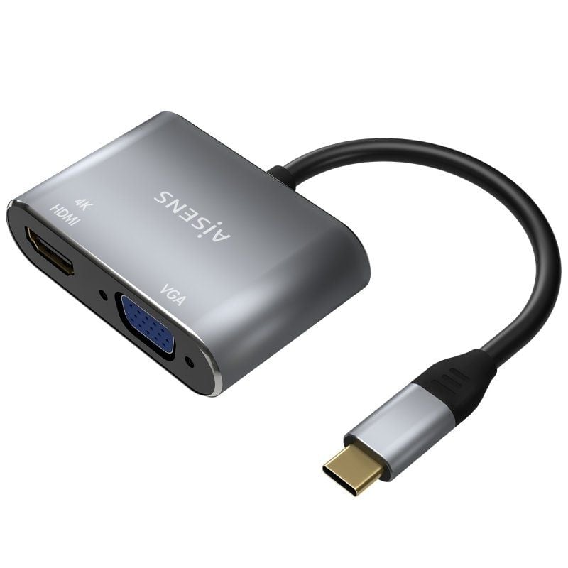 Conversor Aisens A109-0627 / HDMI Fêmea - VGA Fêmea - USB Tipo C Macho / 15cm / Cinzento