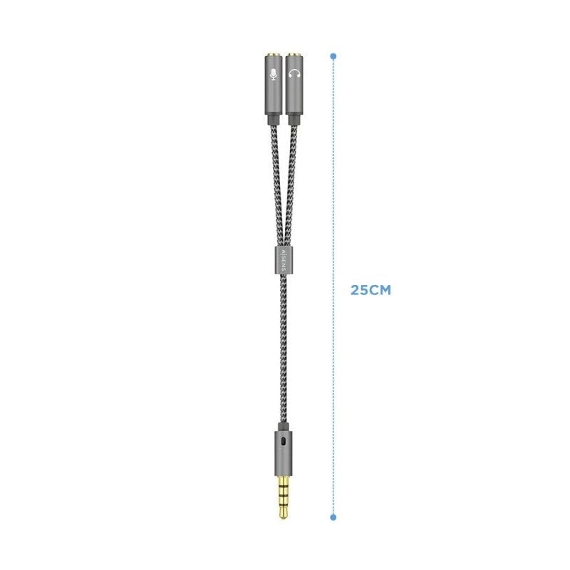 Cabo Estéreo A128-0415 da Aisens / Jack 3,5 Macho - 2x Jack 3,5 Fêmea / 25cm / Cinzento