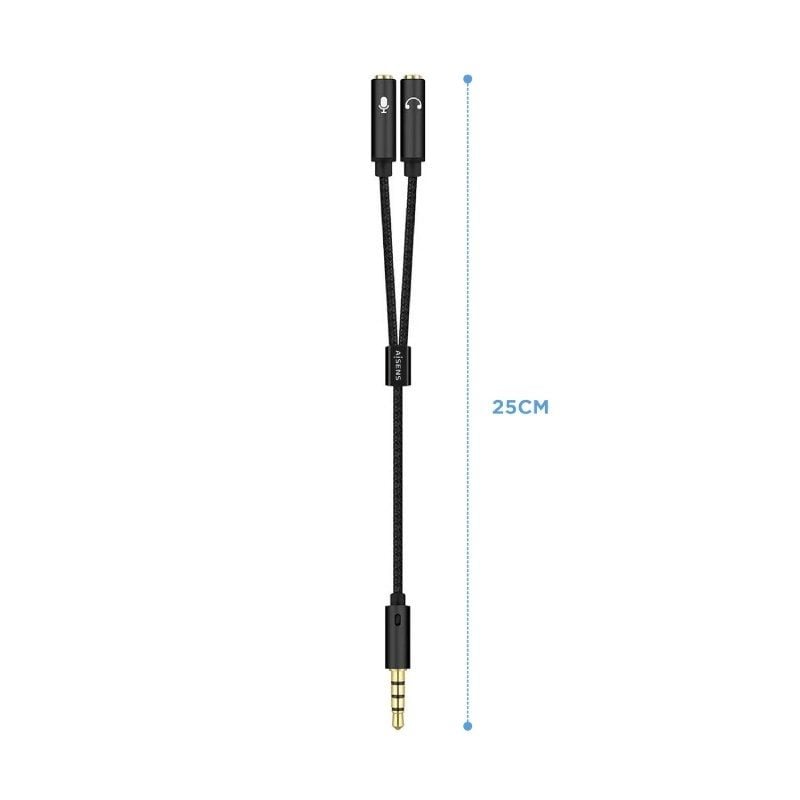 Cabo Estéreo Aisens A128-0416 / Jack 3,5 Macho - 2x Jack 3,5 Fêmea / 25cm / Preto