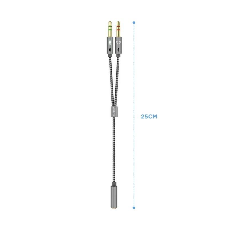 Cabo Estéreo Aisens A128-0417 / Jack 3,5 Fêmea - 2x Jack 3,5 Macho / 25cm / Cinzento