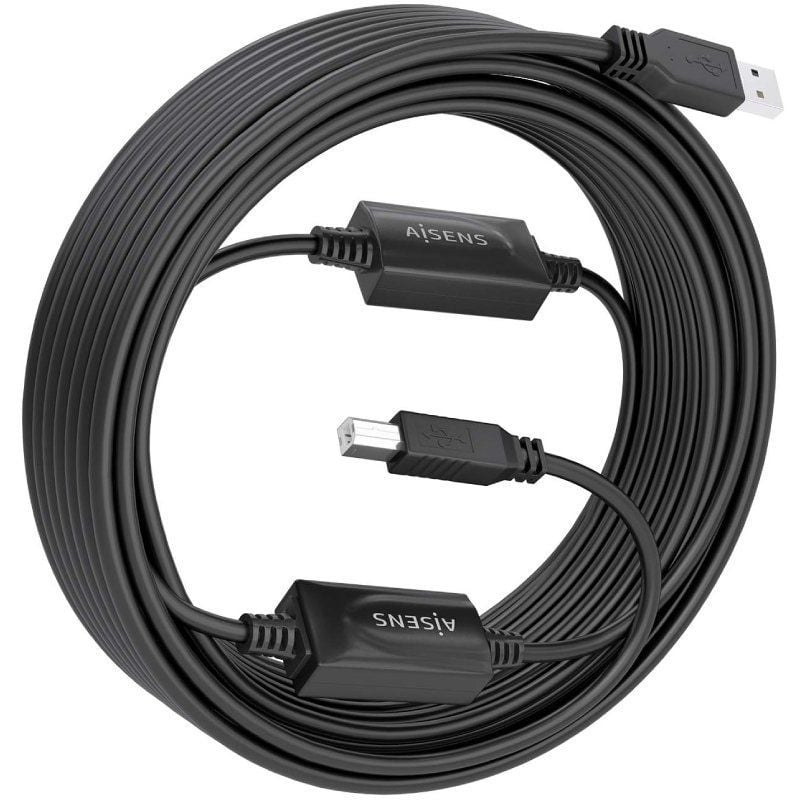 Cabo de Extensão USB 2.0 Aisens A101-0906 / USB Macho - USB Tipo B / 15m / Preto
