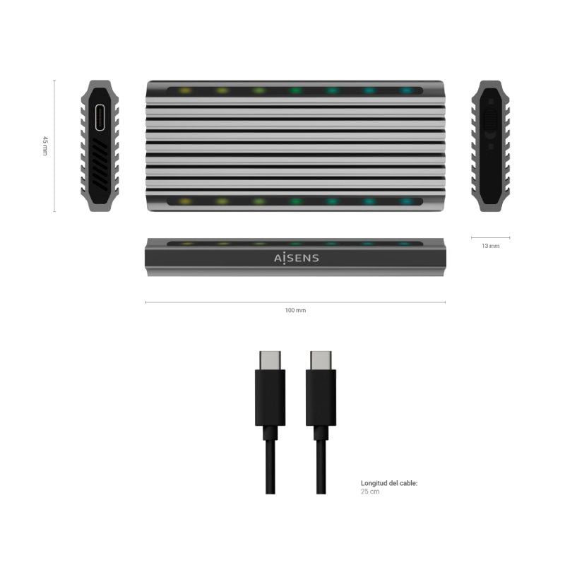Aisens Asm2-rgb011gr Caixa Externa para SSD M.2 SATA / NVME / USB 3.2 Gen2 / sem Parafusos