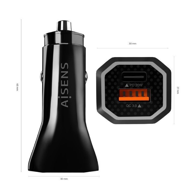 Carregador de Isqueiro Aisens Asch-car2pqc-bk / 1xusb-tipo C / 1xusb / 38W