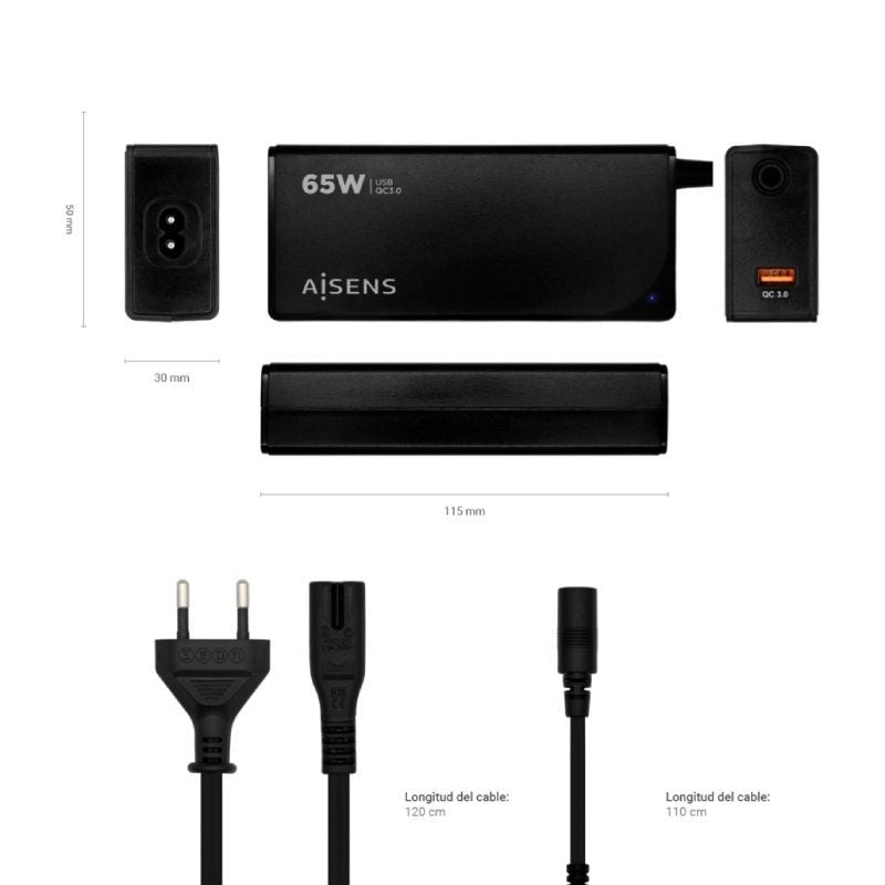 Carregador de Computador Portátil Aisens Aslc-65wauto-bk / 65W / Automático / 9 Conectores / Tensão…