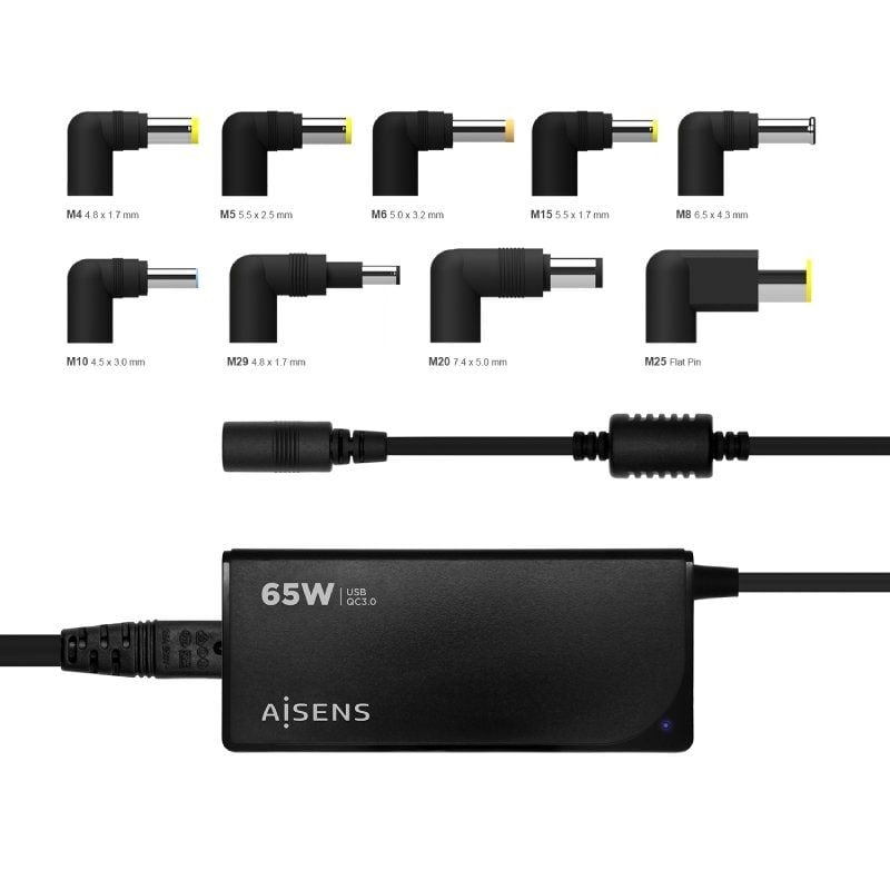 Carregador de Computador Portátil Aisens Aslc-65wauto-bk / 65W / Automático / 9 Conectores / Tensão…