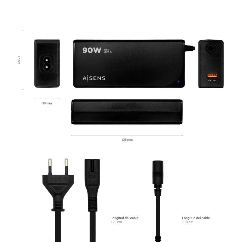 Carregador de Computador Portátil Aisens Aslc-90wauto-bk / 90W / Automático / 12 Conectores / Tensã…