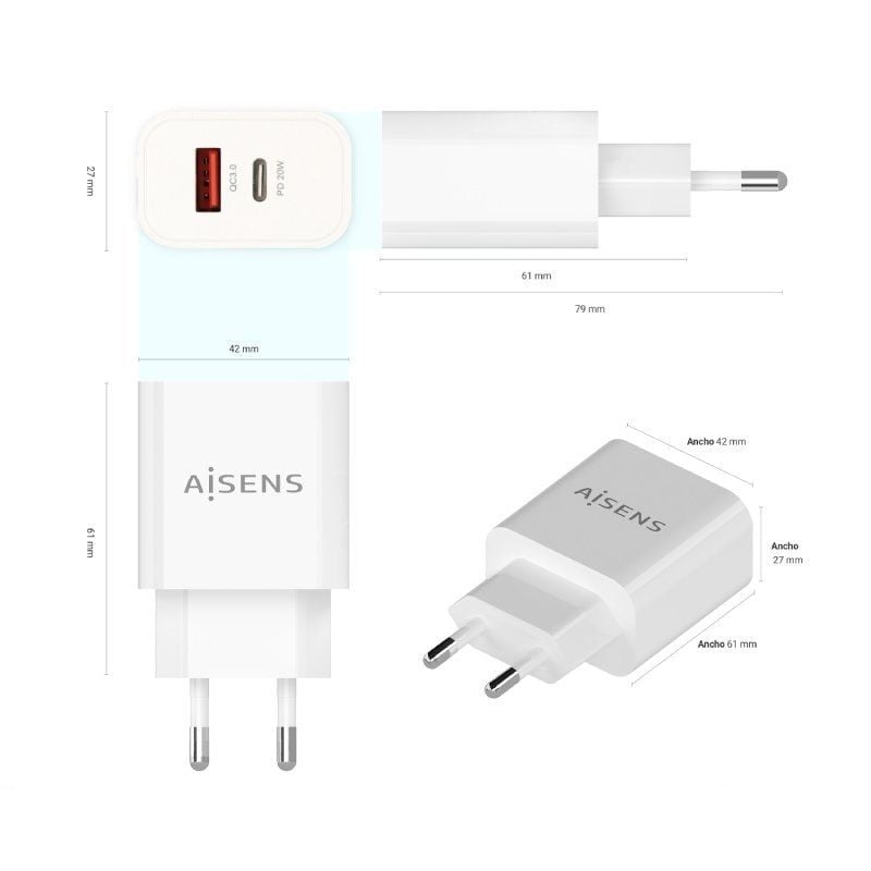 Carregador de Parede Aisens A110-0681 / 1xusb Type-c / 1xusb / 20W