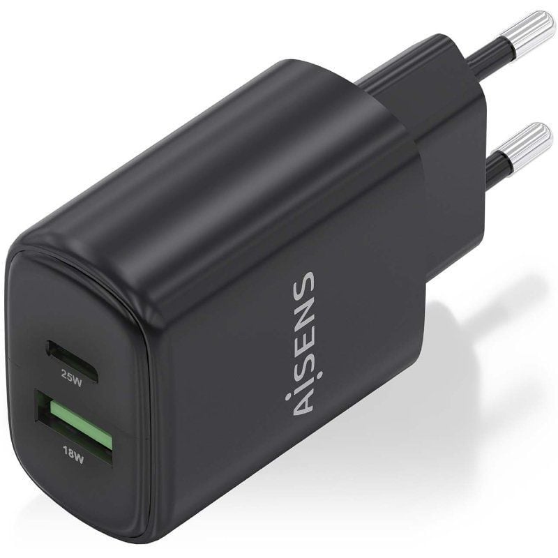 Carregador de Parede Gan Aisens A110-0912 / 1xusb Type-c / 1xusb / 25W / Preto