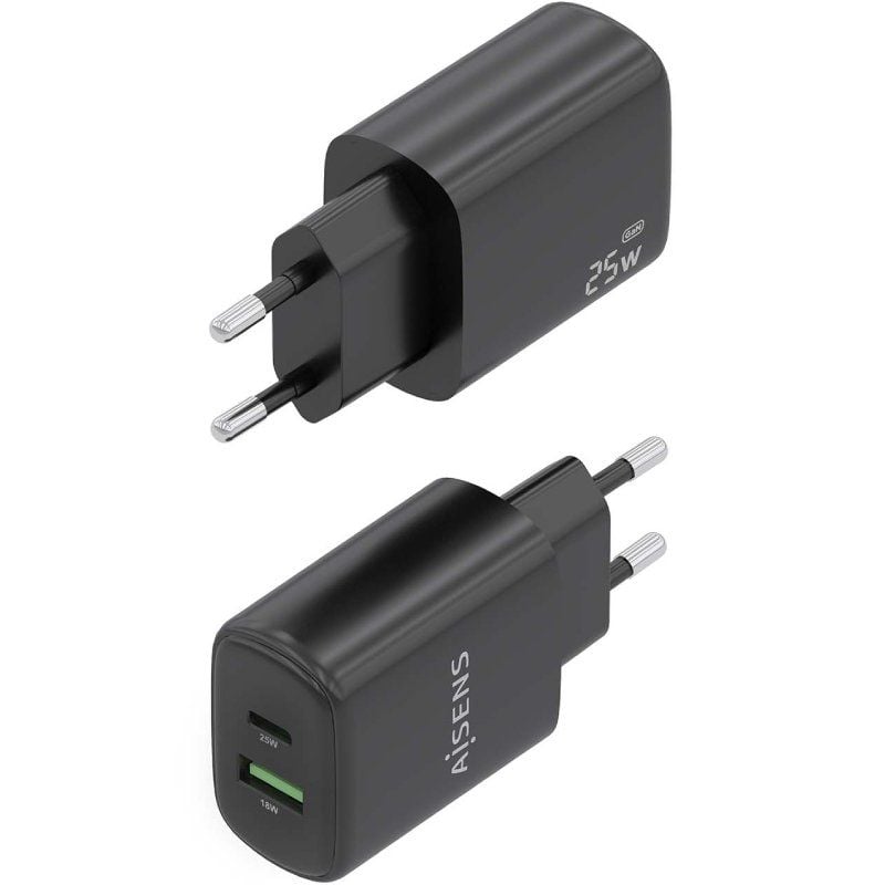 Carregador de Parede Gan Aisens A110-0912 / 1xusb Type-c / 1xusb / 25W / Preto
