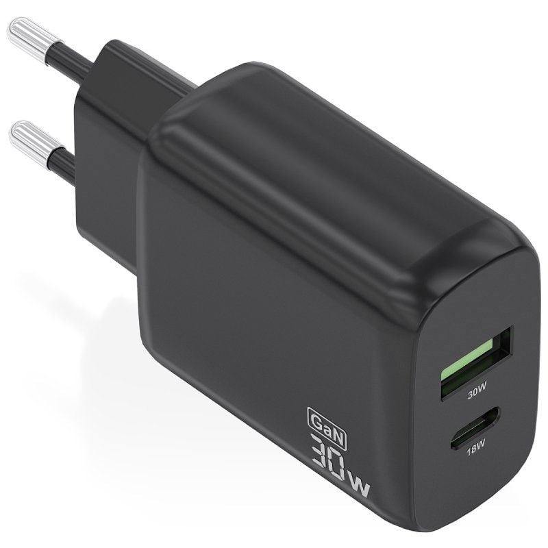 Carregador de Parede Gan Aisens A110-0924 / 1xusb Type-c / 1xusb / 30W / Preto