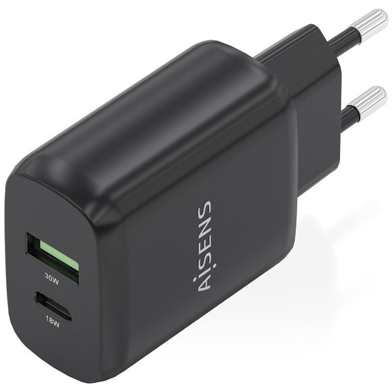 Carregador de Parede Gan Aisens A110-0924 / 1xusb Type-c / 1xusb / 30W / Preto