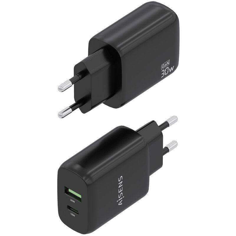 Carregador de Parede Gan Aisens A110-0924 / 1xusb Type-c / 1xusb / 30W / Preto