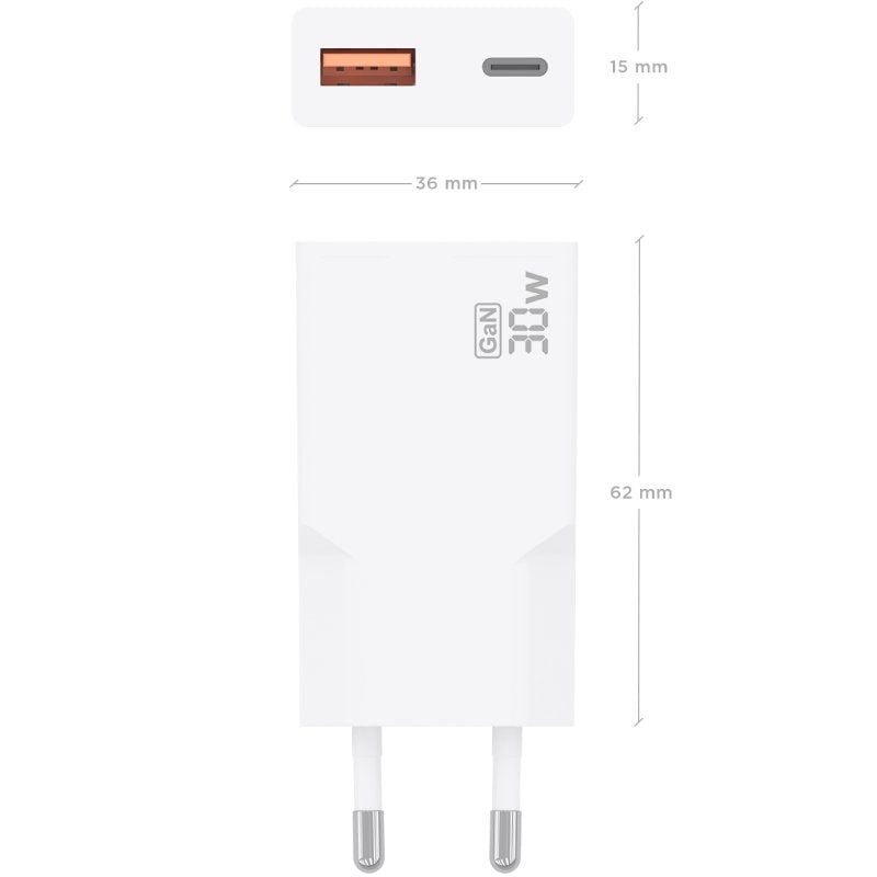 Carregador de Parede Gan Aisens A110-1002 / 1xusb Type-c / 1xusb / 30W / Branco