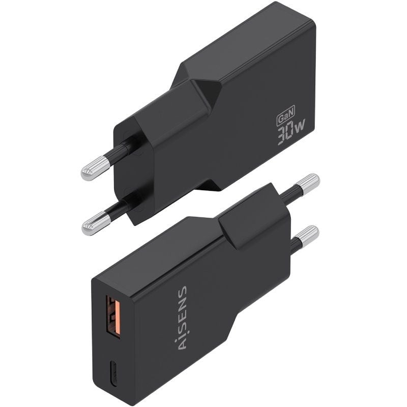 Carregador de Parede Gan Aisens A110-1005 / 1xusb Type-c / 1xusb / 30W / Preto