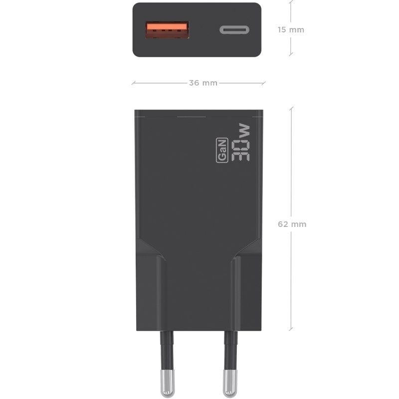 Carregador de Parede Gan Aisens A110-1005 / 1xusb Type-c / 1xusb / 30W / Preto