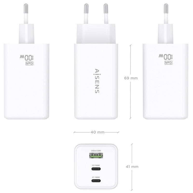 Carregador de Parede Gan Aisens Asch-100w3p051-w / 2xusb Type-c / 1xusb / 100W