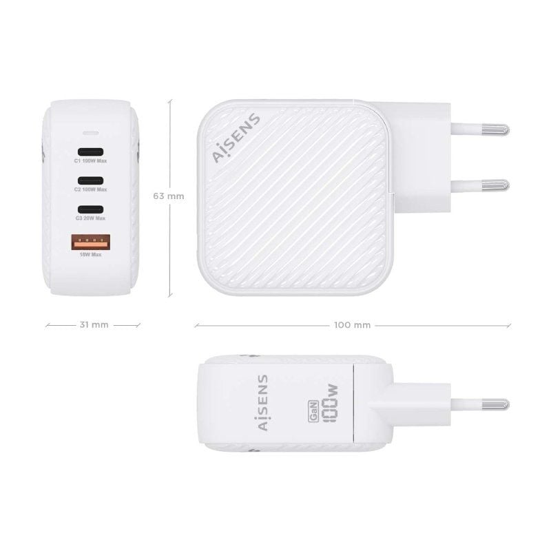 Carregador de Parede Gan Aisens Asch-100w4p028-w / 3xusb Type-c / 1x USB / 100W