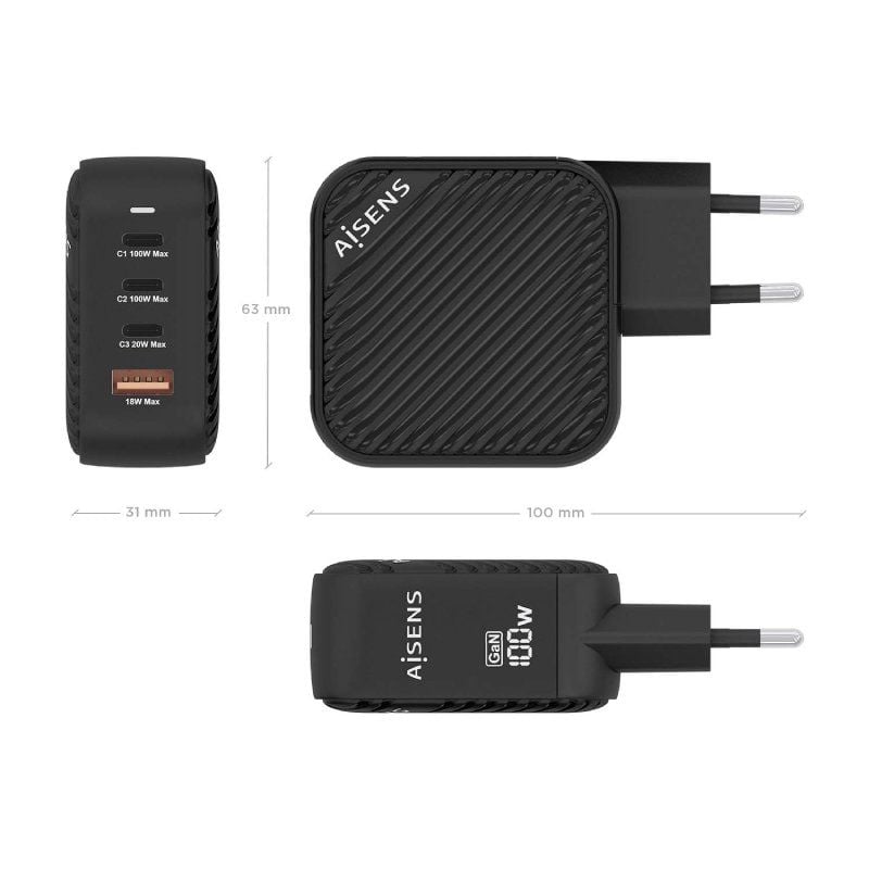 Carregador de Parede Gan Aisens Asch-100w4p029-bk / 3xusb Type-c / 1x USB / 100W