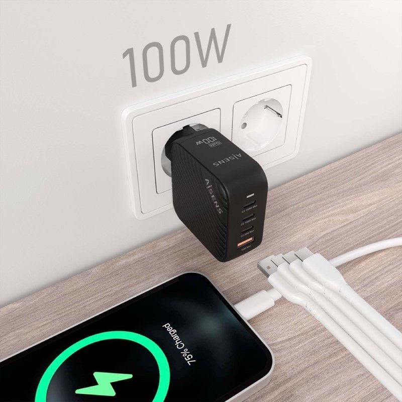 Carregador de Parede Gan Aisens Asch-100w4p029-bk / 3xusb Type-c / 1x USB / 100W