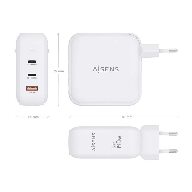 Carregador de Parede Gan Aisens Asch-140w3p030-w / 2xusb Type-c / 1xusb / 140W