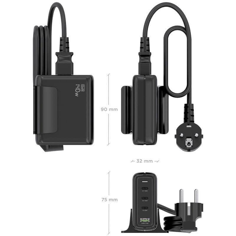 Carregador de Secretária Aisens Gan Asch-140w4p056-bk / 3xusb Tipo C / 1xusb / 140W