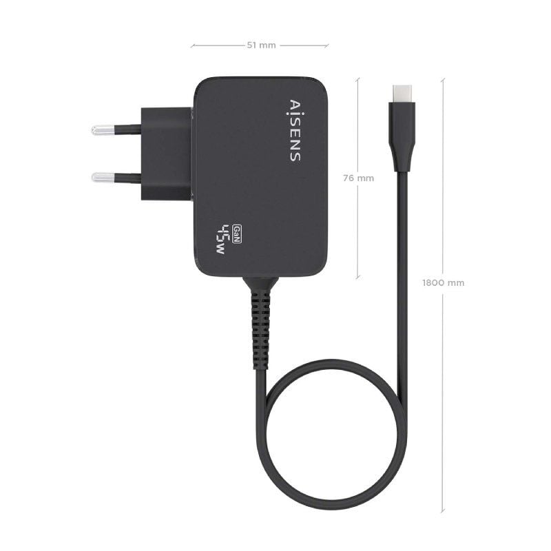 Carregador de Parede Gan Aisens Asch-1pd45wl032-bk / 1xusb Type-c + Cabo 1,8m / 45W