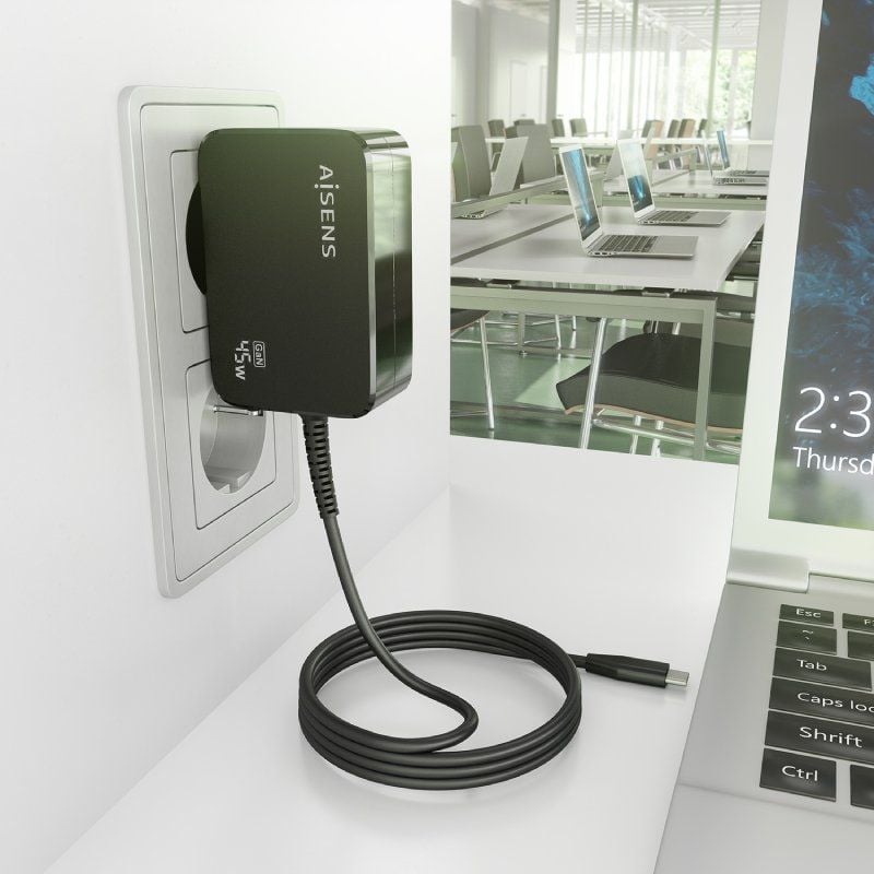Carregador de Parede Gan Aisens Asch-1pd45wl032-bk / 1xusb Type-c + Cabo 1,8m / 45W